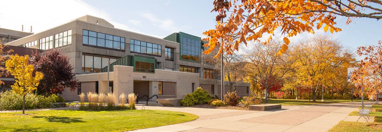 Main Campus building and trees in the fall at Finger Lakes Community College in Canandaigua, New York.