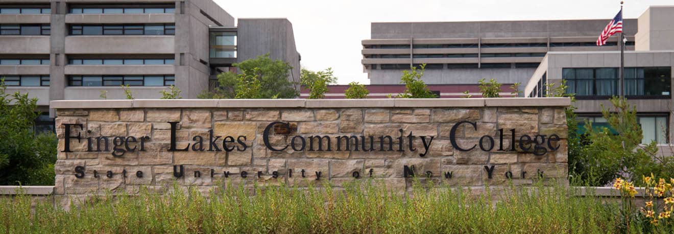 Finger Lakes Community College sign outside the main building in Canandaigua, NY